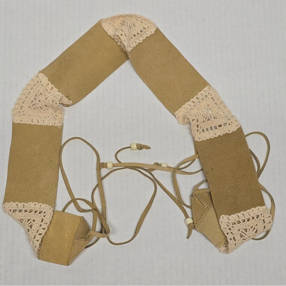 Vintage Beige Suede Crochet Accent leather Boho Hippie wrap belt